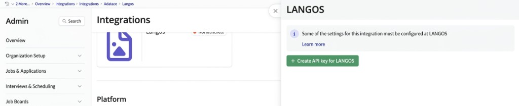 Ashby API key creation screen