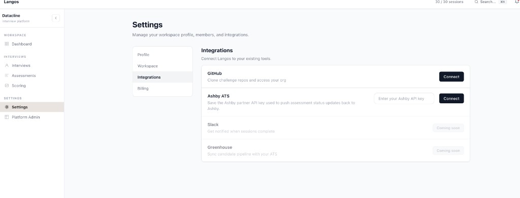 Langos settings integrations page