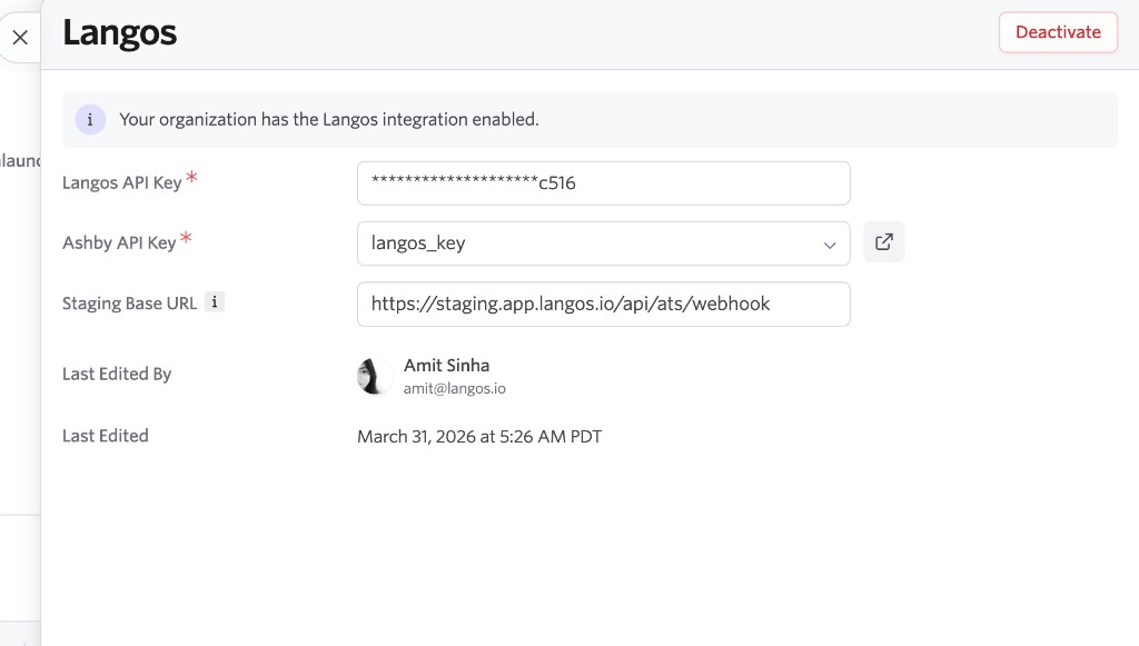 Ashby Langos integration configured