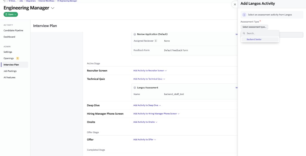 Ashby add Langos activity panel with assessment dropdown
